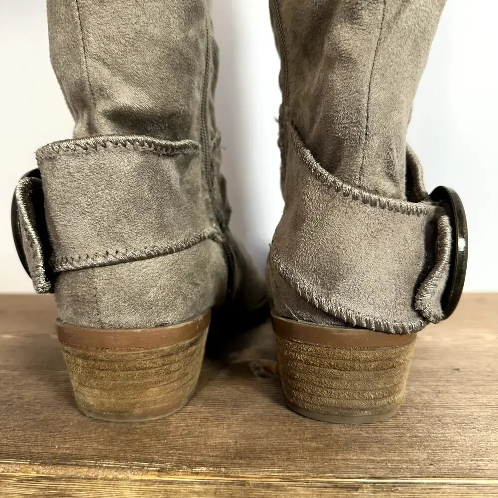 Tall Faux Suede Sock Boots Womens 7 Beige Buckle Strap Studded Grommet Grunge